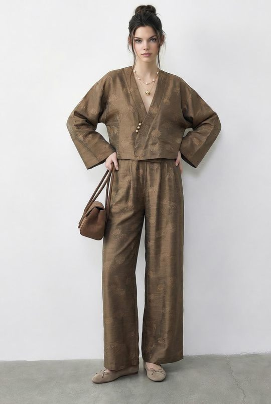 Kadın Kendinden Çiçek Desenli Kruvaze Kimono Salaş Pantolonlu Alt-Üst Takım 60613 60283998 - Haki