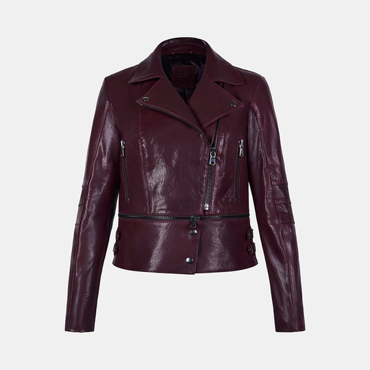 Kadın Bordo Gömlek Yakalı Çift Boy Kullanımlı Biker Deri Ceket