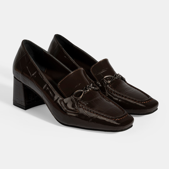 Kadın Kahve Kroko Baskılı Topuklu Rugan Loafer