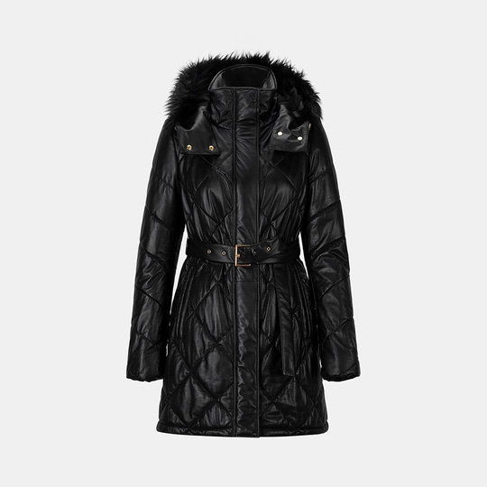 Kadın Siyah Hakim Yakalı Kapüşonlu Deri Mont