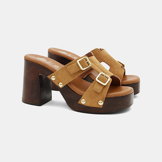 Kadın Taba Çift Metal Tokalı Platform Topuklu Süet Terlik