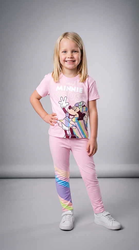 Renkli Şerit Desenli Minnie Mouse Taytlı Takımı