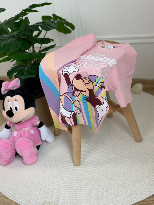 Renkli Şerit Desenli Minnie Mouse Taytlı Takımı
