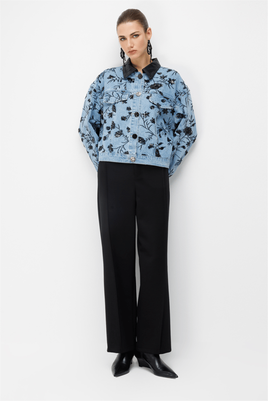 On Desenli Pul İşlemeli Oversize Kot Mont Saks