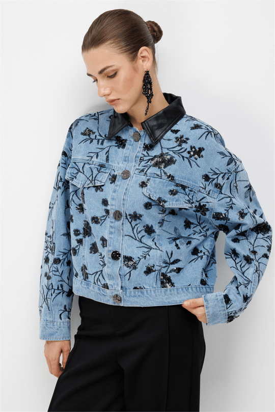 On Desenli Pul İşlemeli Oversize Kot Mont Saks