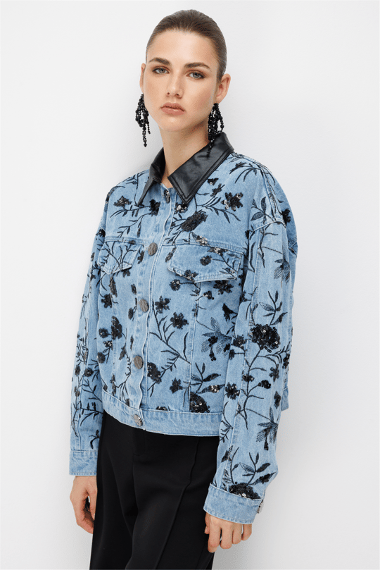 On Desenli Pul İşlemeli Oversize Kot Mont Saks