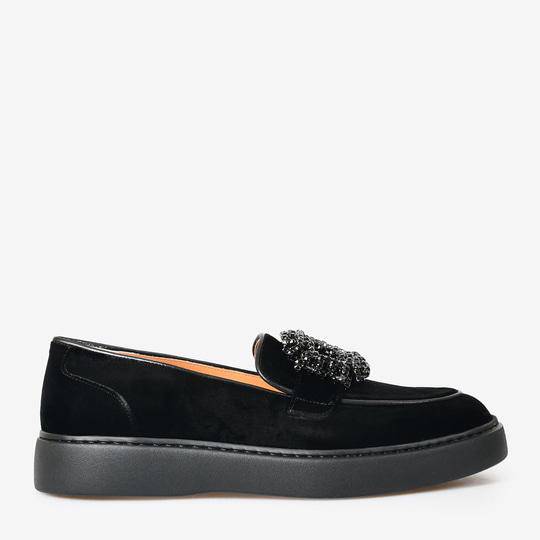 Siyah Kadife Taşlı Kadın Loafer