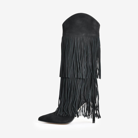 Siyah Süet Püskül Detaylı Kadın Çizme