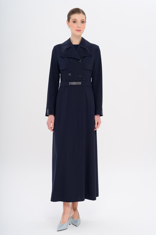 Mendil Yaka Taş ve Boncuk Detaylı Astarlı Pardesü LACİVERT 6753