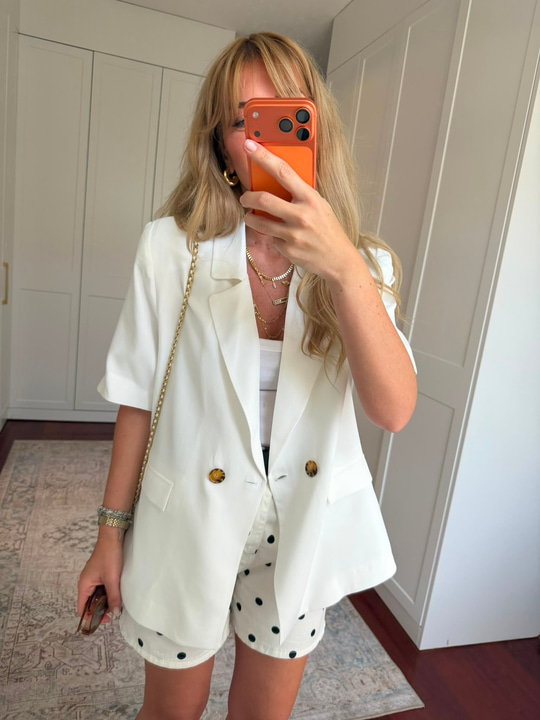 Tencel Dokuda , Kısa Kollu , Premium Beyaz Blazer Ceket