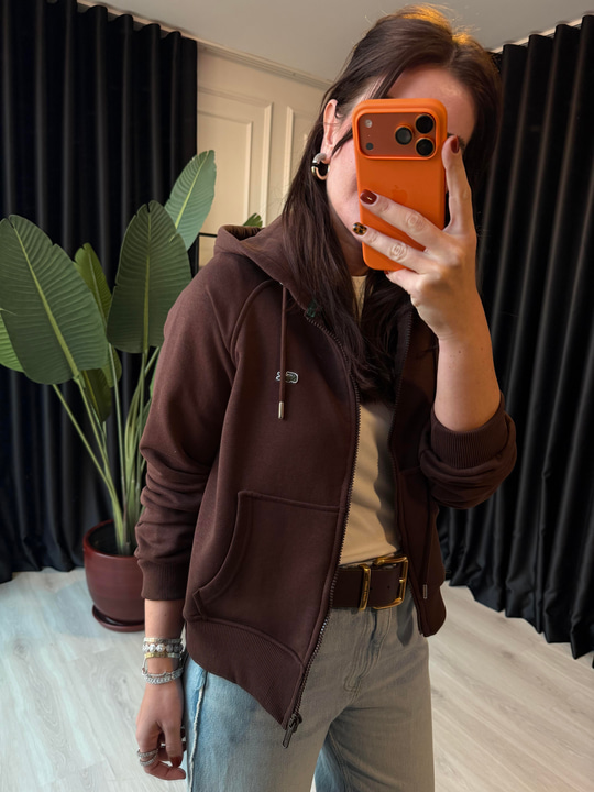 Orijinal Marka Önden Fermuarlı Kahverengi Sweatshirt