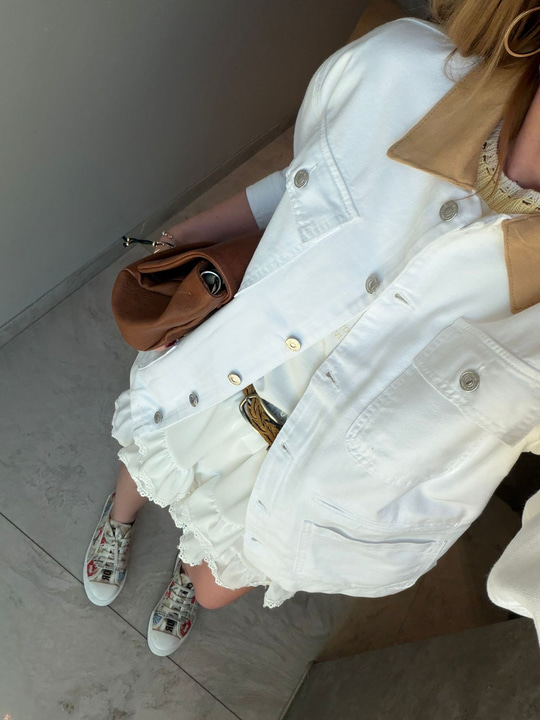 Bej Yakalı , Beyaz , Yumuşacık Tencel Jean Ceket