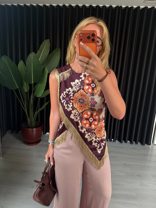 Püskül Detaylı, Desenli Saten Bluz
