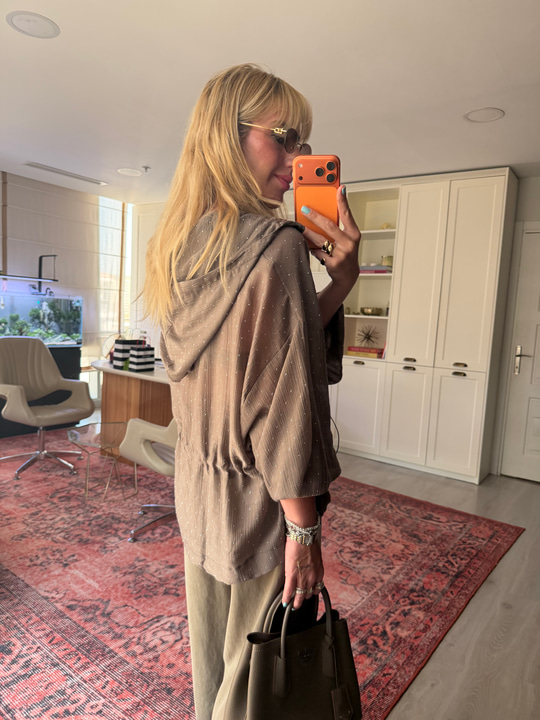Vizon, Taşlı Belden Büzgülü Premium Tencel Ceket