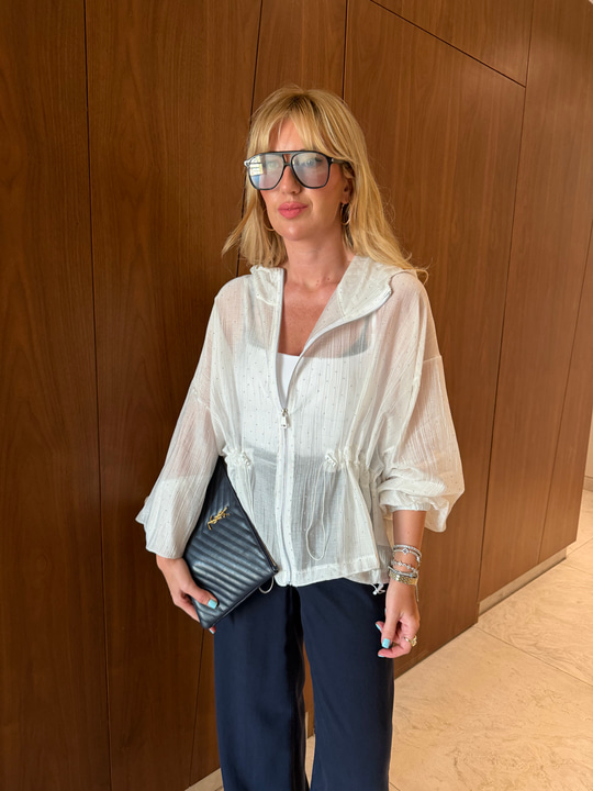 Beyaz, Taşlı Belden Büzgülü Premium Tencel Ceket