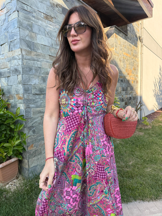 Önü Taşli , Önden Büzgülü , Pembe Şal Desenli , İthal Elbise