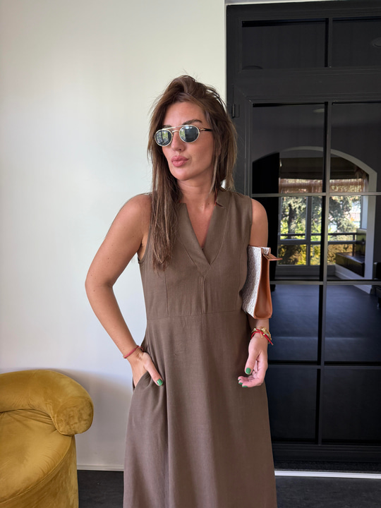 Belden Oturtmalı , Kahverengi , Tencel Keten Elbise