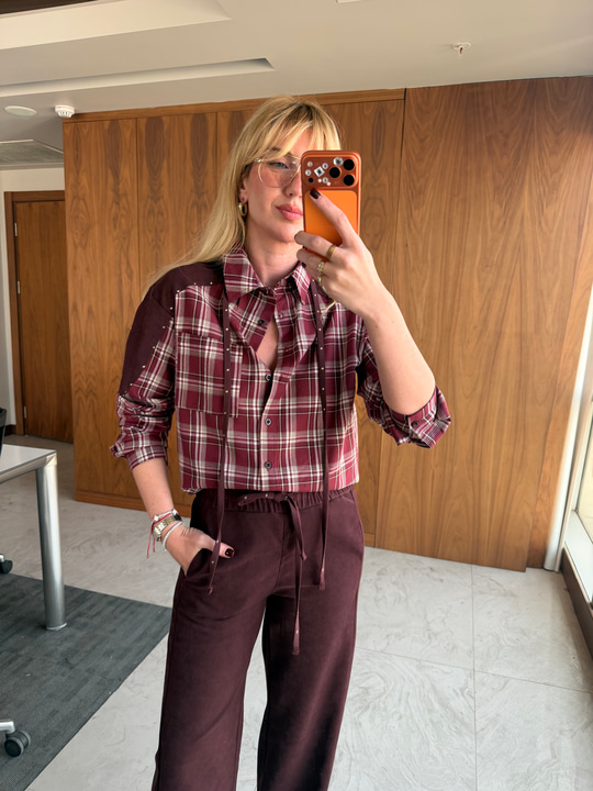 Orijinal Model, Bordo Ekoseli, Taş Detaylı Premium Gömlek & Pantalon Takım