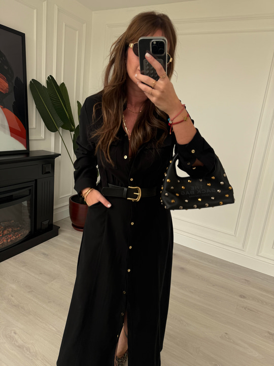 Premium Tok Tencel, Kemerli Siyah Gömlek Elbise
