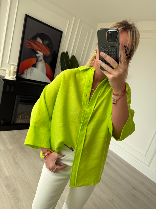 Tiril Dokuda , Neon Yeşili , Yarasa Kol , Premium Kalite Gömlek