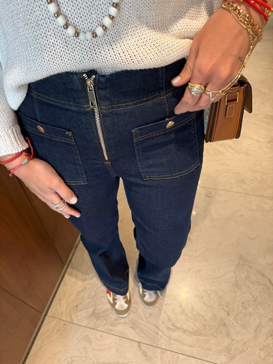 Önden Gold Düğme Detaylı , Likralı , İspanyol Jean Pantolon