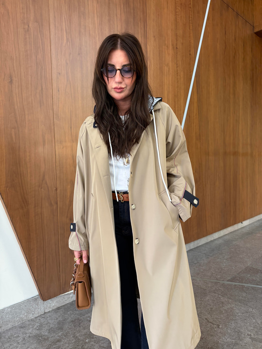 Lacivert Kapişonlu , Bej , Premium Trenchcoat