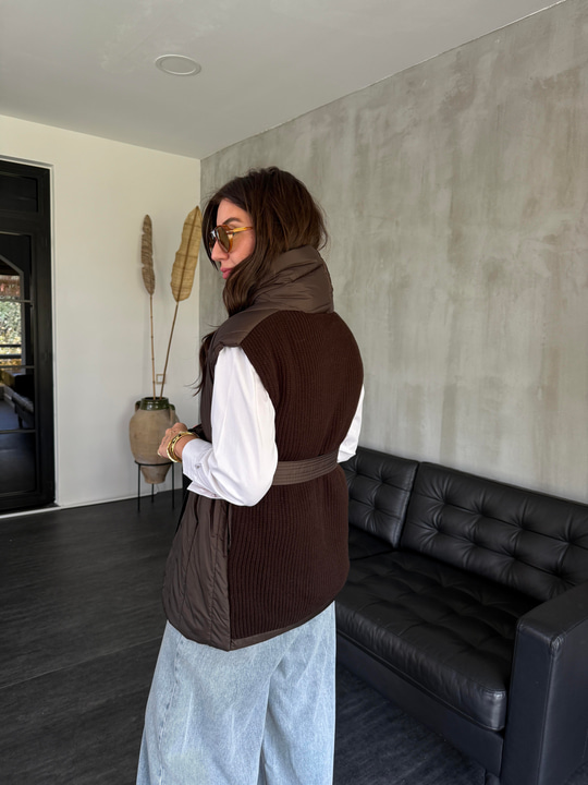 Arkası Triko Detaylı , Kuşaklı , Acı Kahve Puff Yelek