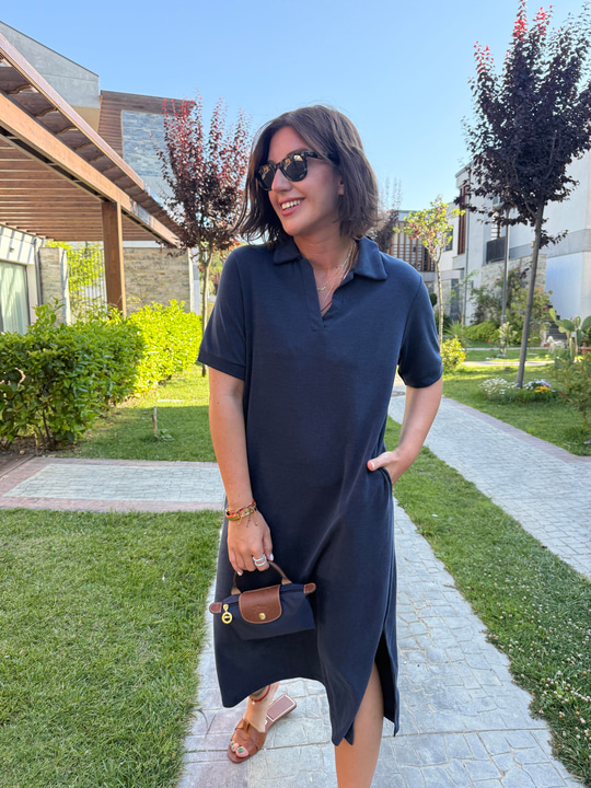 Polo Yaka Modal Lacivert Elbise