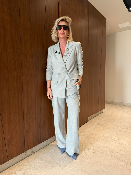 Gri , Çizgili , Metal Broşlu , Premium Blazer Ceket 