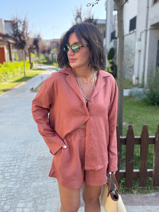 %100 Keten Gül Kurusu Gömlek & Şort Premium Takım