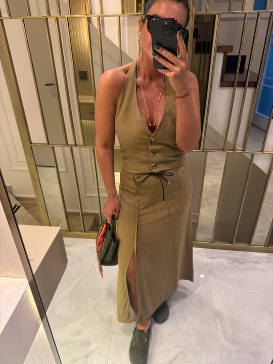 Haki Orijinal Model , Deri Kemerli , Premium , Yelek & Etek Takım