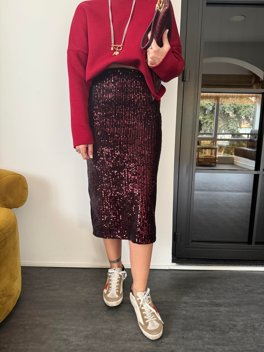 Bordo , Likralı Payetli Etek