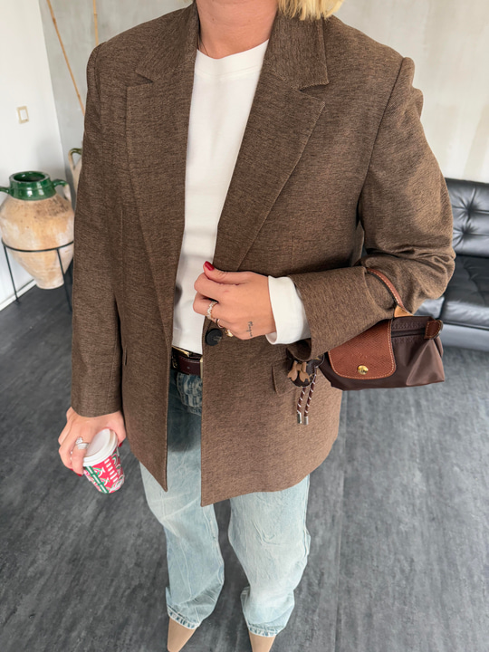 Premium Kalitede , Dokulu , Kahverengi Blazer Ceket