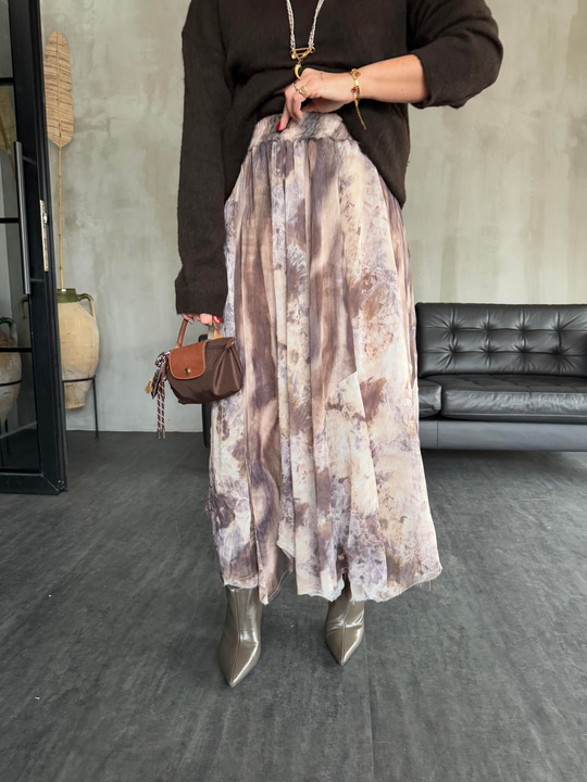 Beli Lastikli , Kahve & Bej , Batik Desenli , Astarlı Şifon Etek