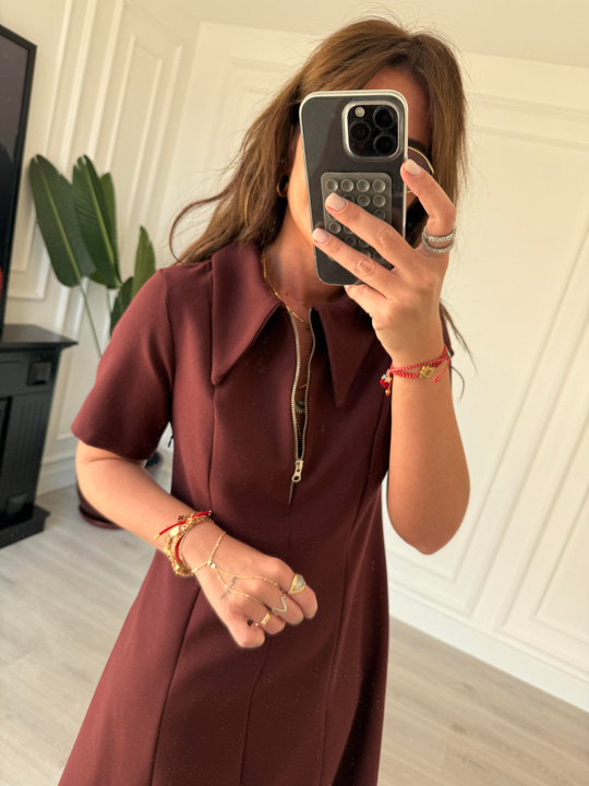 Orijinal Marka , Önden Yarım Fermuarlı , Bordo Elbise