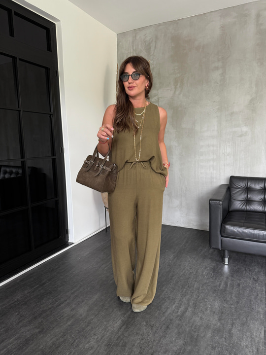 Haki , Beli Lastikli , Tencel Keten , Palazzo Pantolon