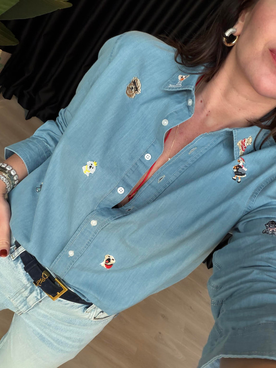 Orijinal Marka Hayvan Motif İşlemeli Tencel Jean Gömlek