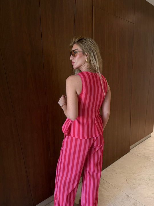 Kırmızı & Pembe Çizgili , Bluz & Pantolon Takım