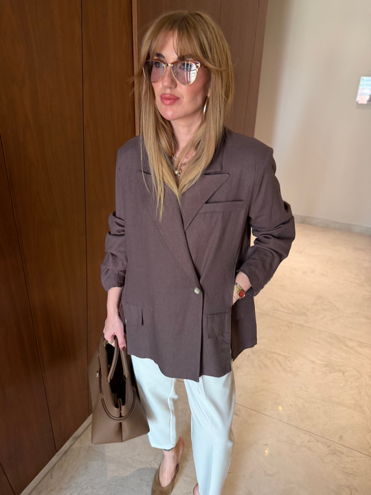 %100 Keten , Acıkahve Blazer Ceket