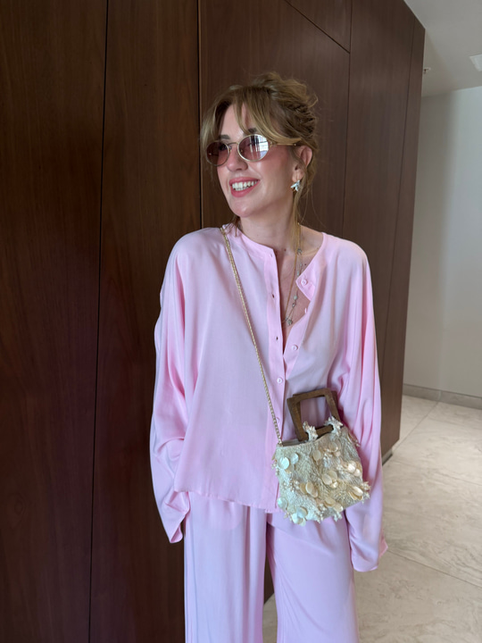 Premium Tencel Kumaş , Lastikli Pantolon & Gömlek , Pembe Takım