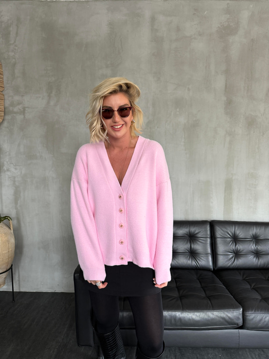 Marka Logo Düğmeli , Pembe , Angora Triko Hırka