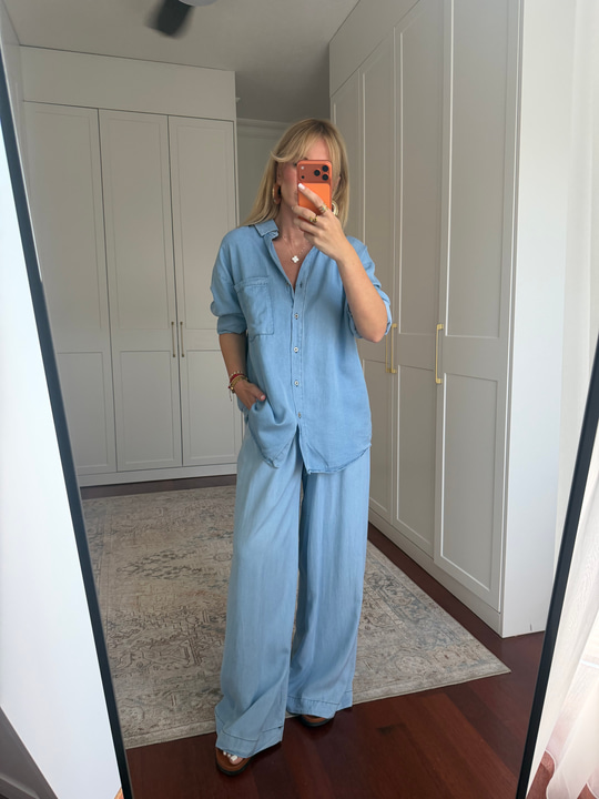 %100 Cotton , Tencel , Gömlek & Beli Lastikli Pantolon , Buz Mavisi Premium Takım