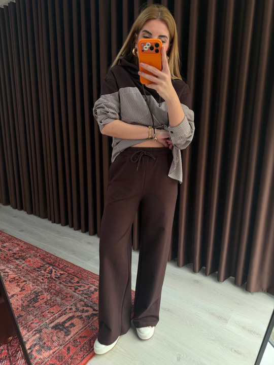 Çizgili Poplin Detaylı , Acıkahve Sweatshirt Takım