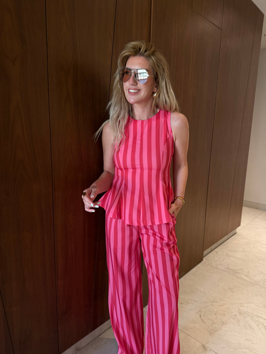 Kırmızı & Pembe Çizgili , Bluz & Pantolon Takım