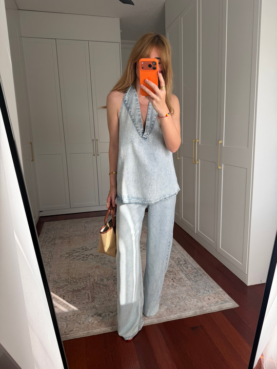Orijinal Model , V Yaka , Premium , Buz Mavisi Tencel Jean Takım