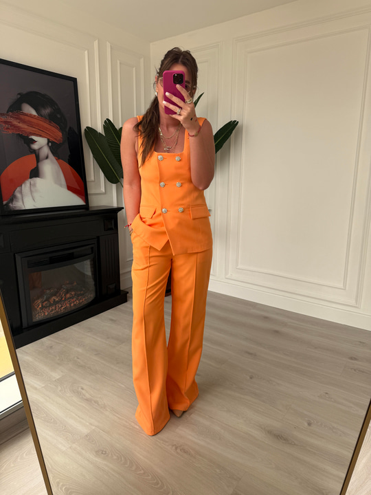 Taş Düğmeli, Orange Yelek & Pantalon Takım