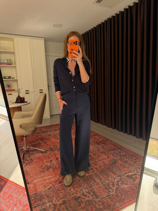 Lacivert Premium Tok Tencel Kumaş, Paçası Düğme Detaylı Pantalon 