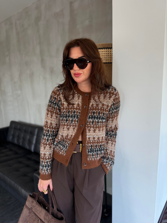Orijinal Model , Taba & Siyah , Baklava Desenli Triko Hırka