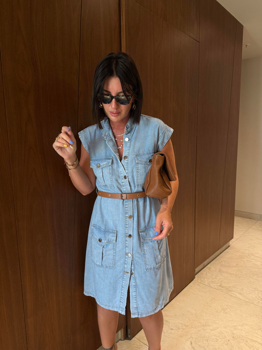 Önden Cepli , Taba Kemerli , Tencel Jean , Gömlek Elbise
