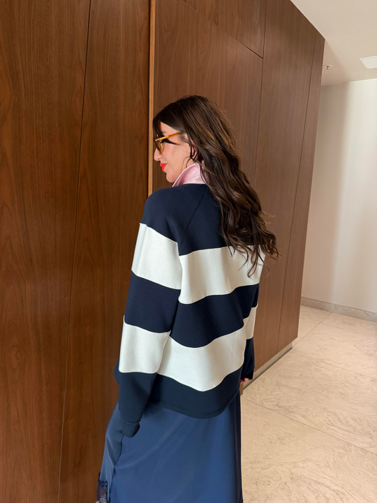 Lacivert Beyaz Çizgili , Polo Yaka Sweatshirt